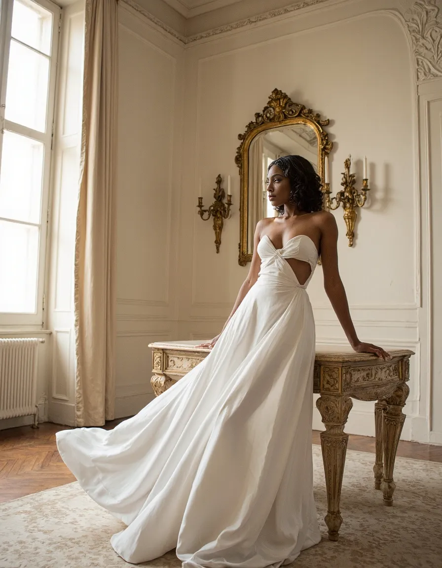 Elegant white cutout wedding gown with flowing fabric in a luxurious room featuring ornate furniture, gold mirror and soft natural light.