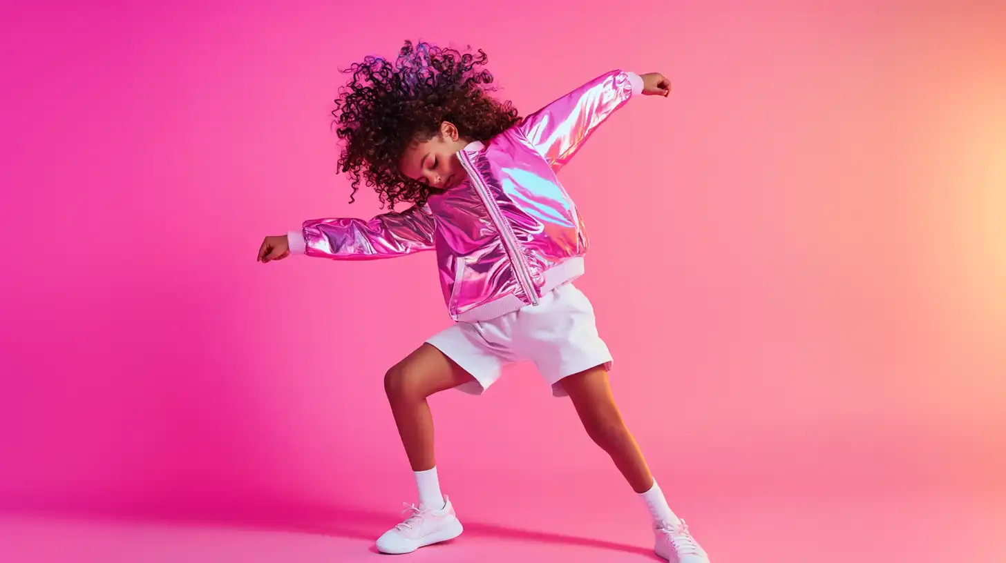 A vibrant child in a pink jacket dancing joyfully, encouraging nannies to join United Nannies and make a difference.