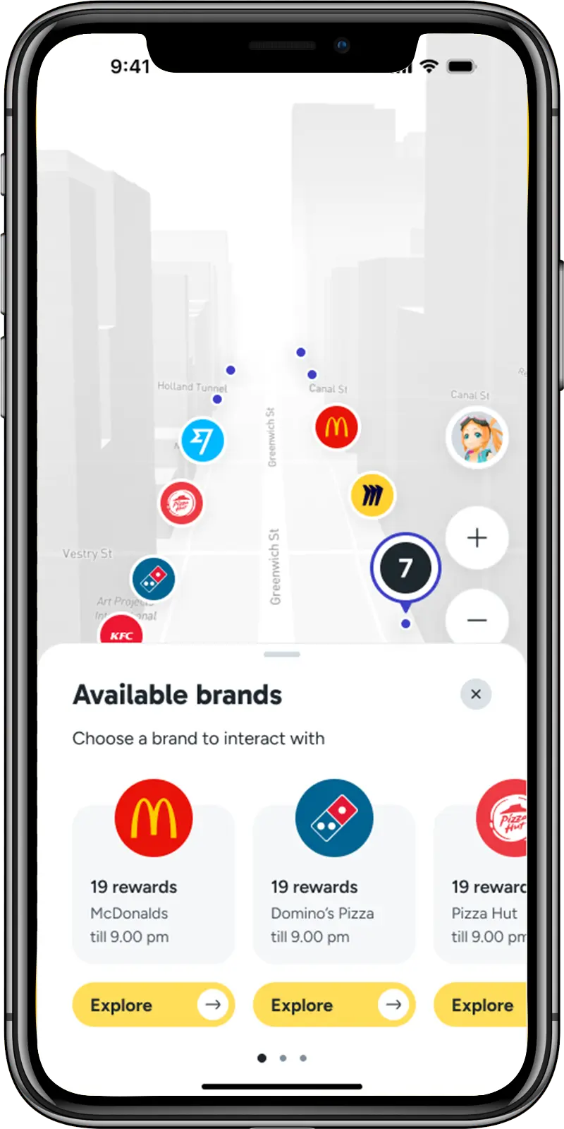 Screens of the Qubi mobile app — a gamified loyalty platform with rewards, wallet, and brand map.