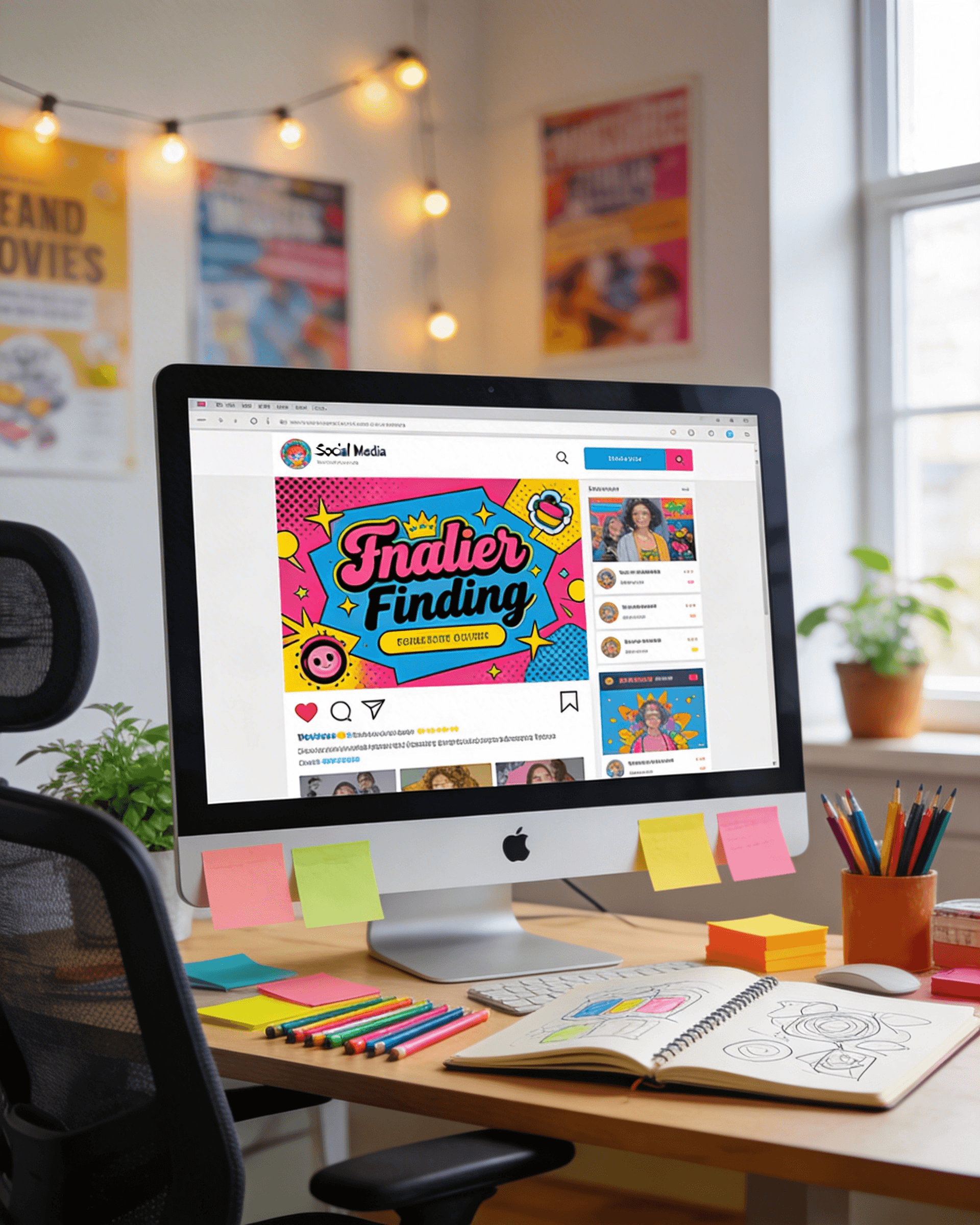 A bright workspace featuring a computer with colorful graphics, sticky notes, and decor on the walls.