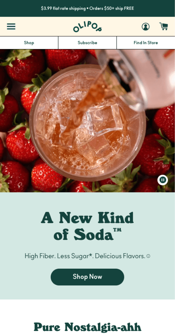 Mobile homepage hero promoting OLIPOP functional soda