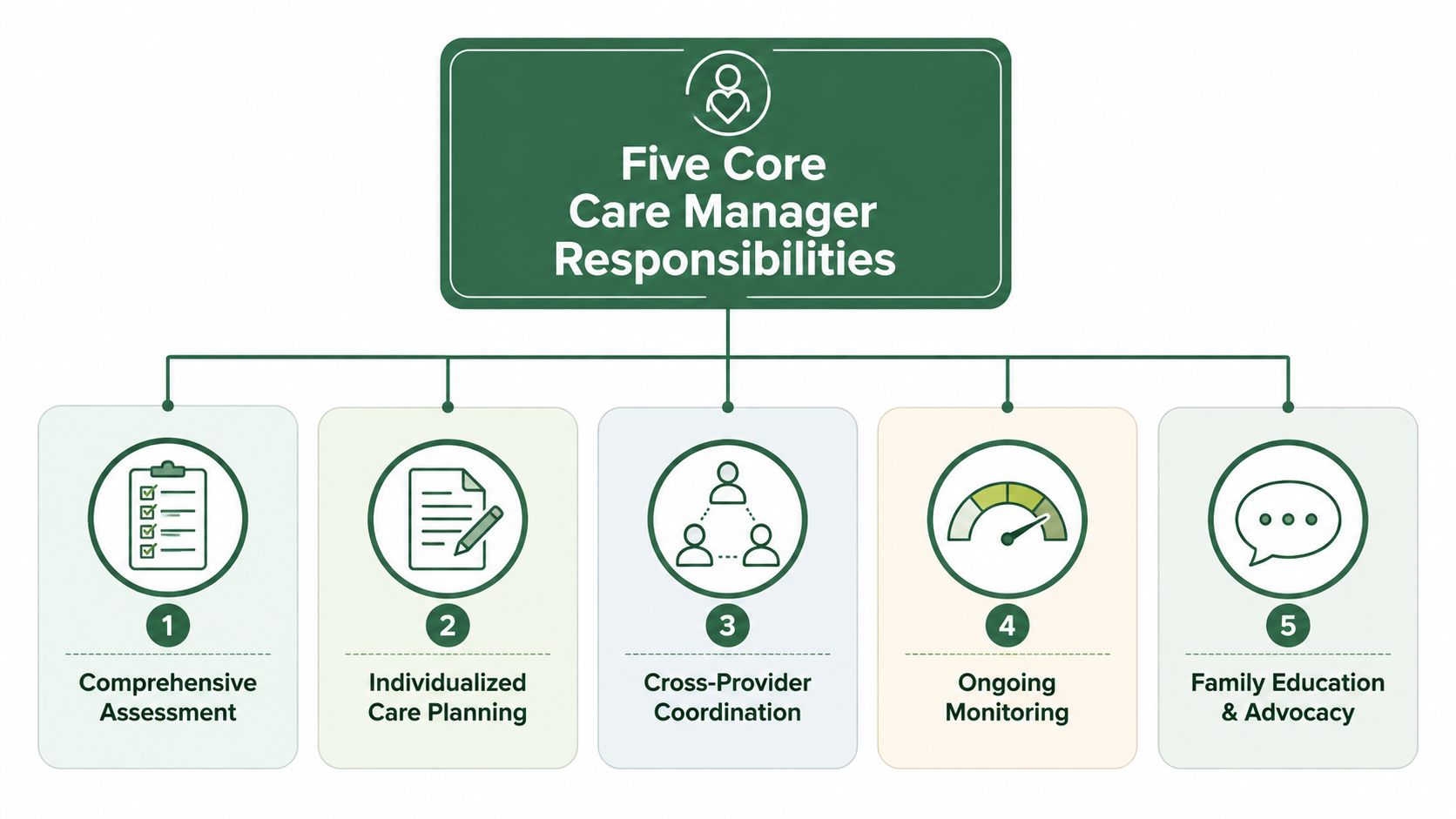 A diagram outlining the five core responsibilities for a care manager in a healthcare setting.