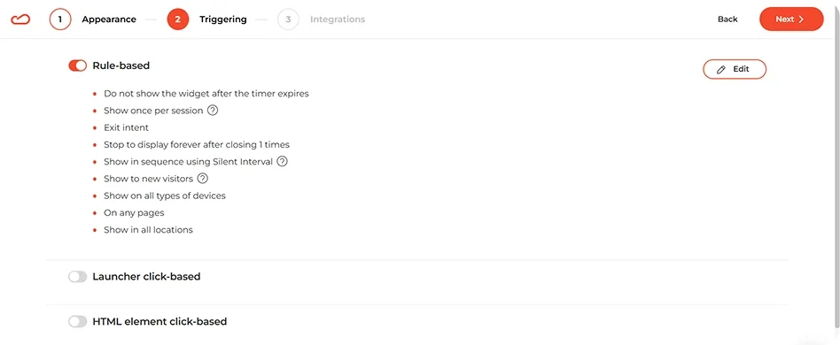 A screenshot of Claspo triggering settings for popups