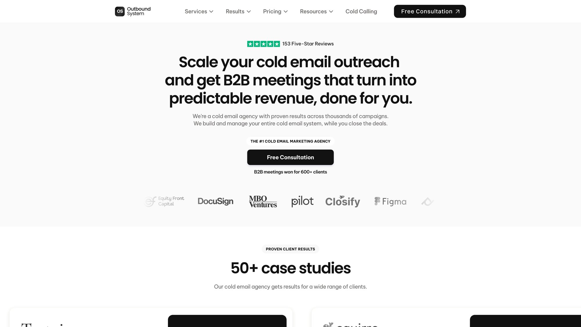 Outbound System homepage showing cold email agency services and Microsoft Azure infrastructure positioning