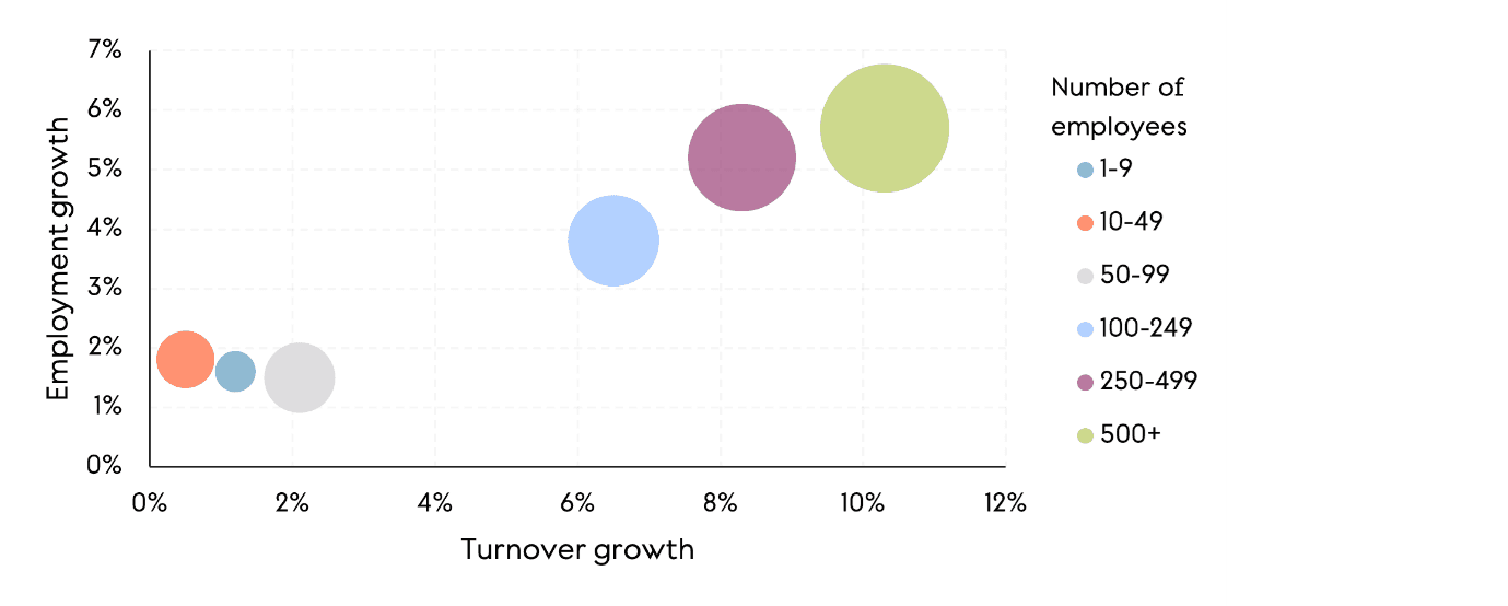 Graph showing percentage employment growth by turnover growth. for 2020-24. The graph shows a marked increase on both axes for businesses in the bands 250-499 and 500+ with a decrease most noticeable in the 50-99 employee band and a widening gap