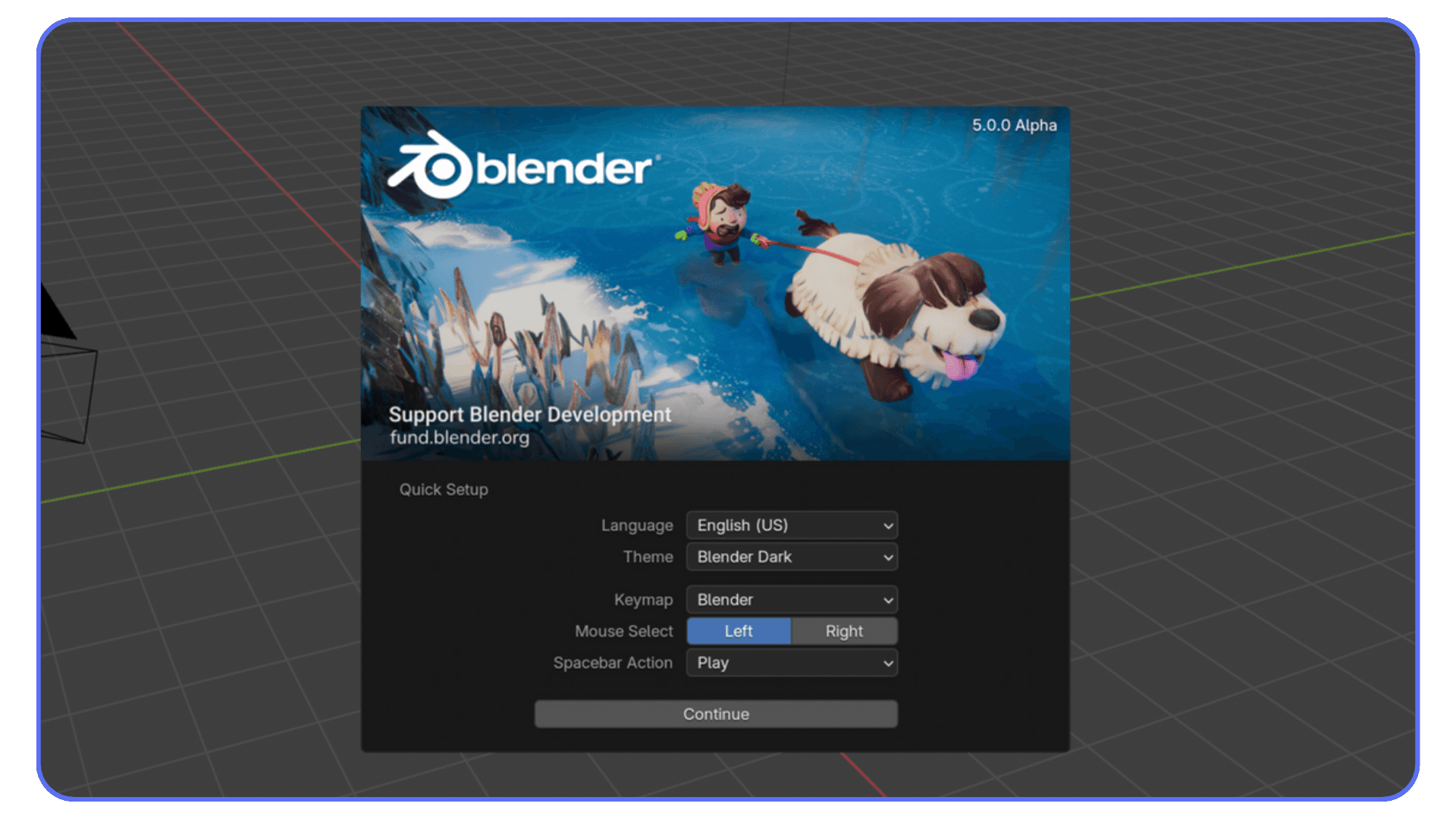 Blender 5.0 Alpha splash screen featuring a playful character swimming with a St. Bernard dog, with quick setup options below.