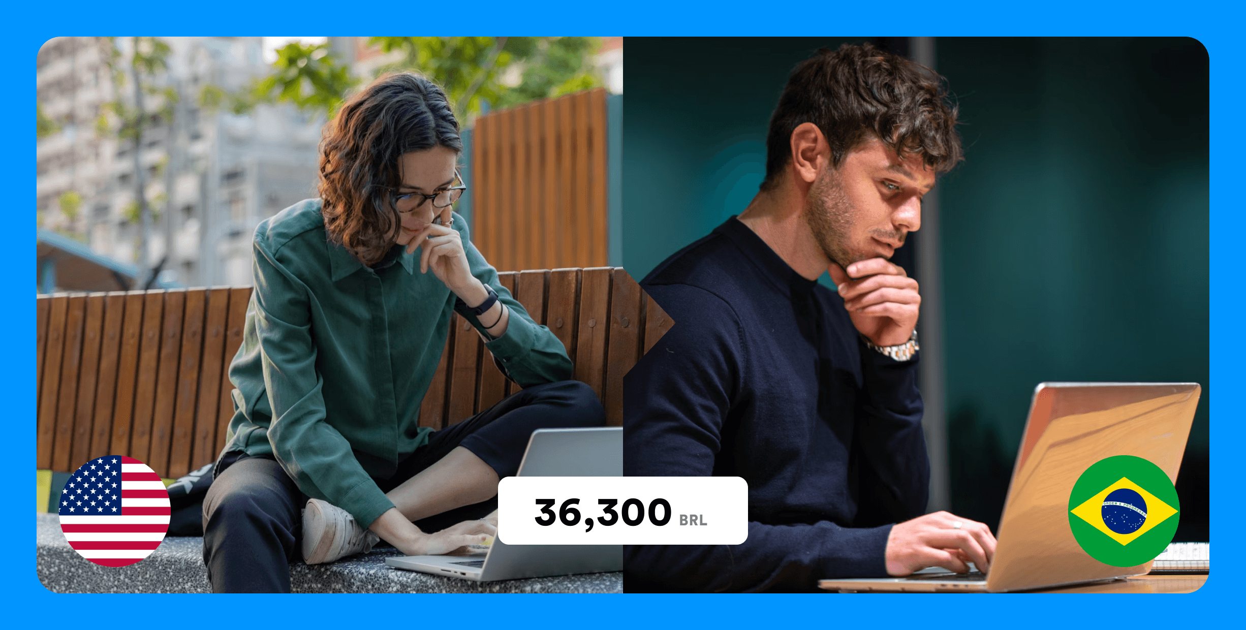 Woman at a laptop on the left with a U.S. flag and man with a laptop on the right with a Brazilian flag and 36,300 BRL in between them