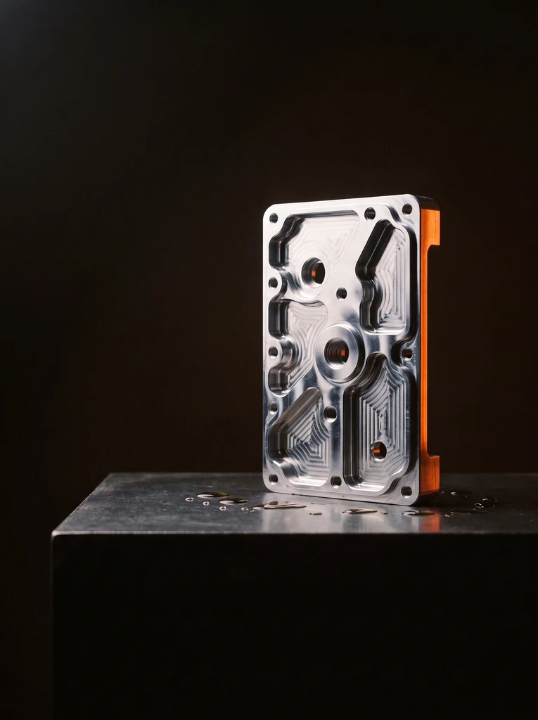 A precision-machined aluminium part on a steel plinth