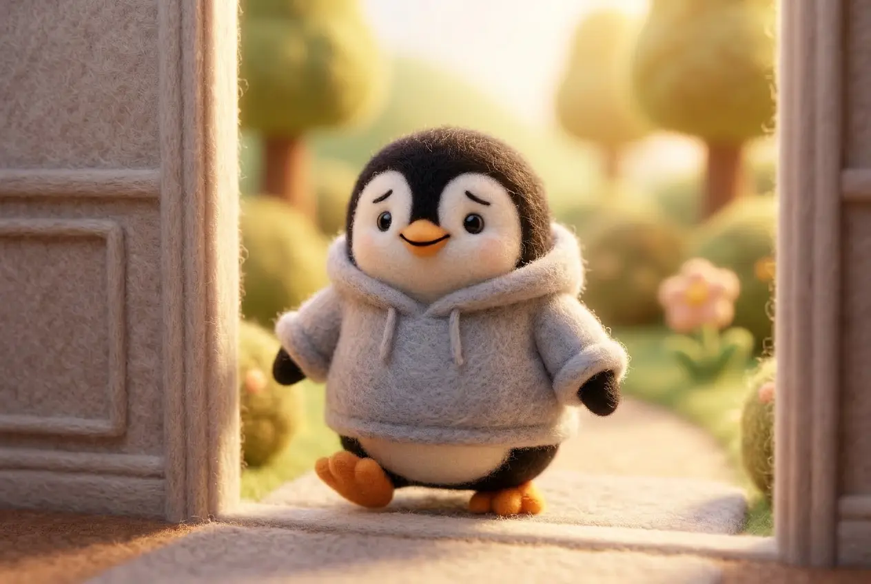 A wool felt penguin in a grey hoodie taking its first step through an open doorway into warm sunlight