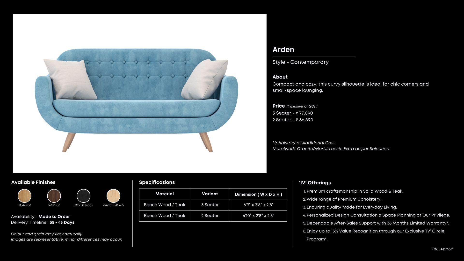 Soft aqua 3-seater with tufted back and curved arms.
