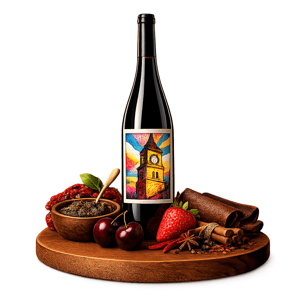 Artistic label and flavor profile for Naoussa Xinomavro on a rustic wooden table.