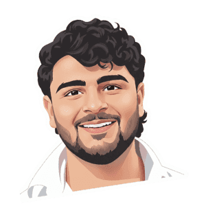 Cartoon portrait of a smiling man with curly black hair and a beard.