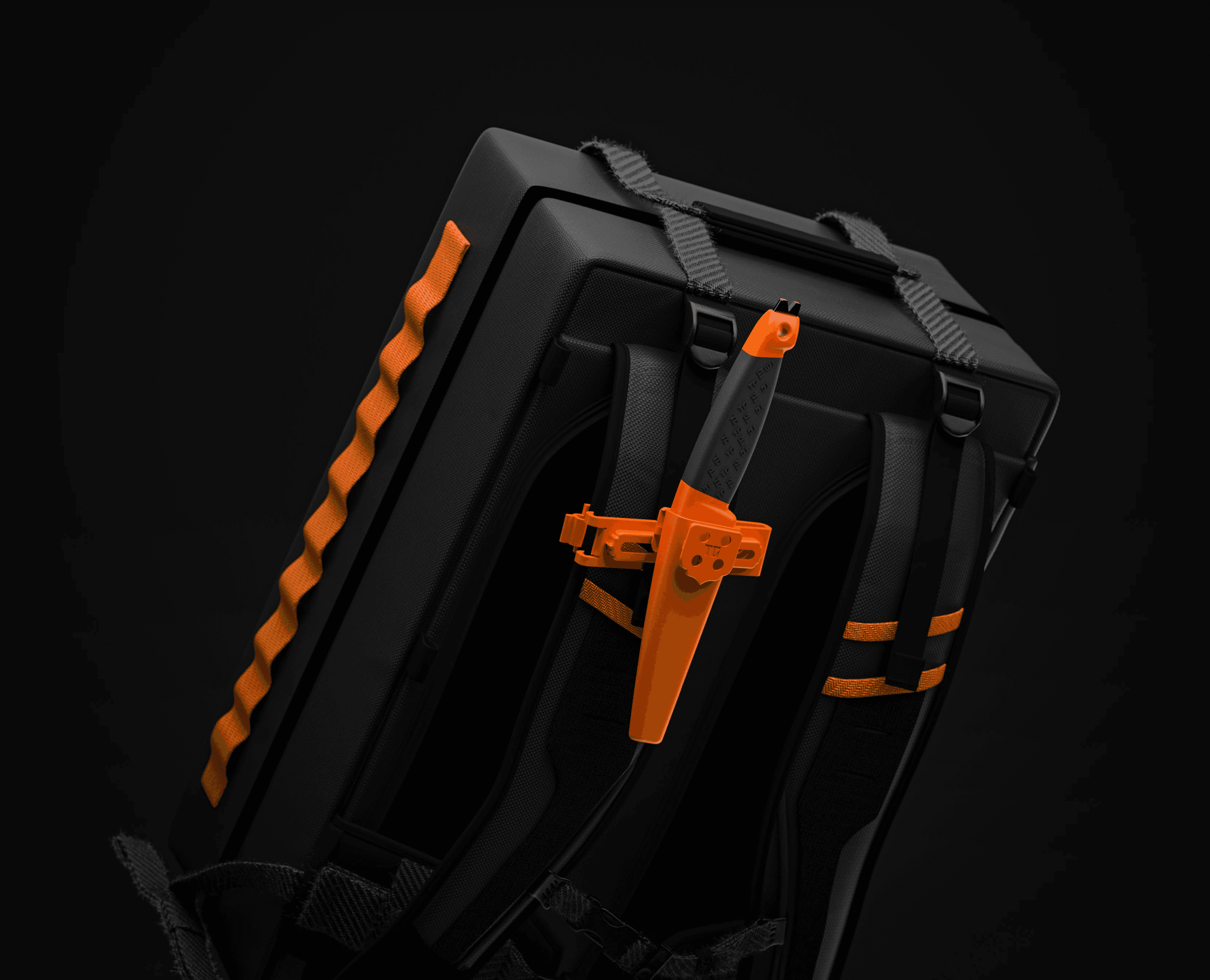 3D product visualization showing a Turq Gear tactical knife in a bright orange sheath mounted on a black backpack strap. Demonstrates the 'Context of Use' and ergonomic integration of the product design for outdoor and tactical environments."