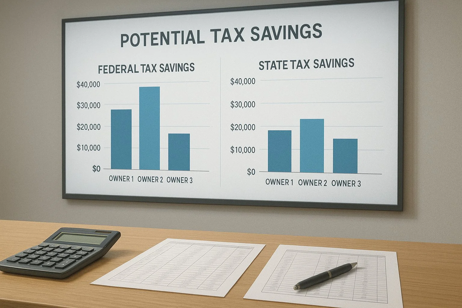 Digital charts projecting potential federal and state tax savings for multiple owners, with a calculator and spreadsheets on a desk.