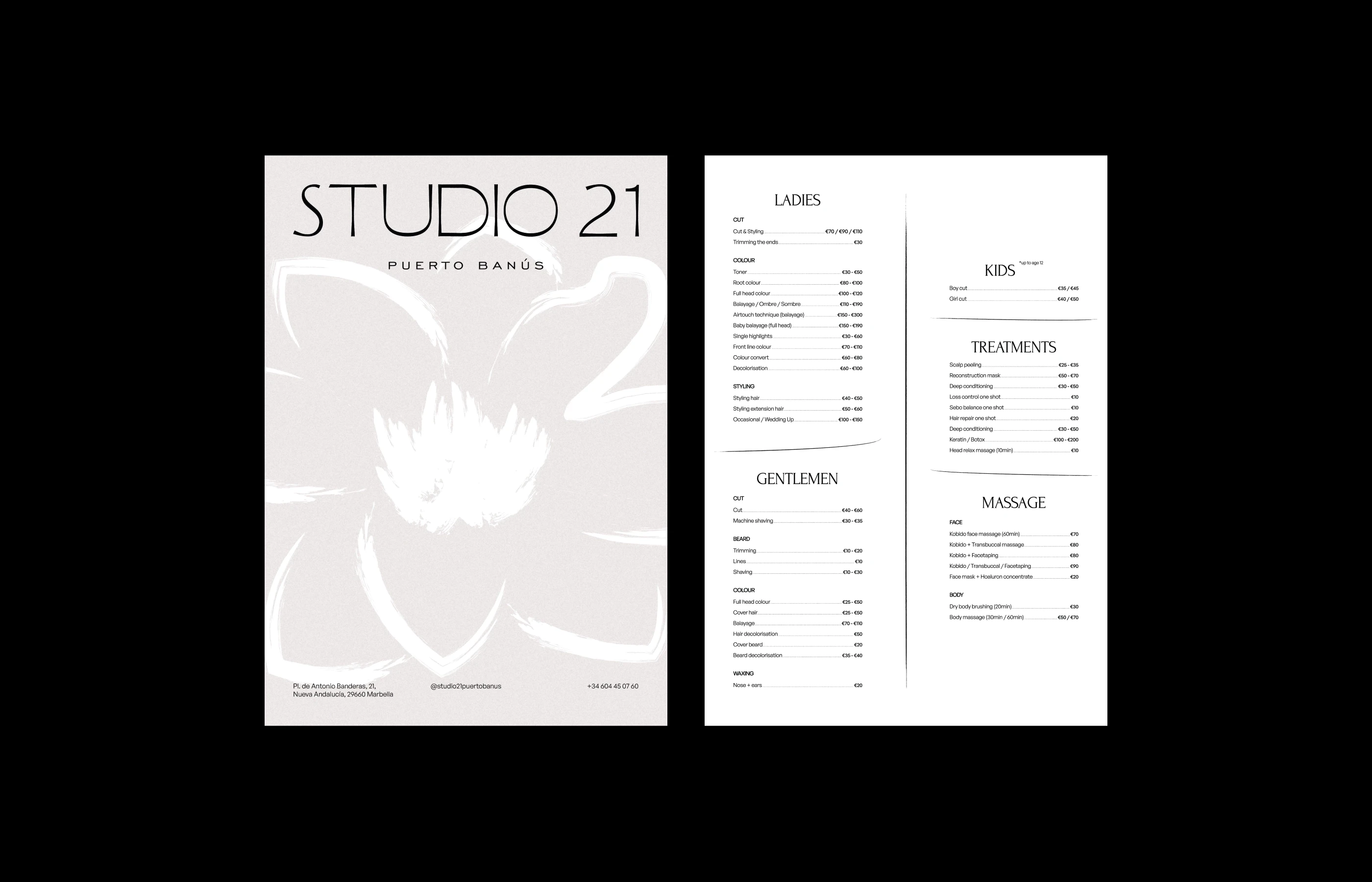 Luxury pricing menu design for a beauty salon