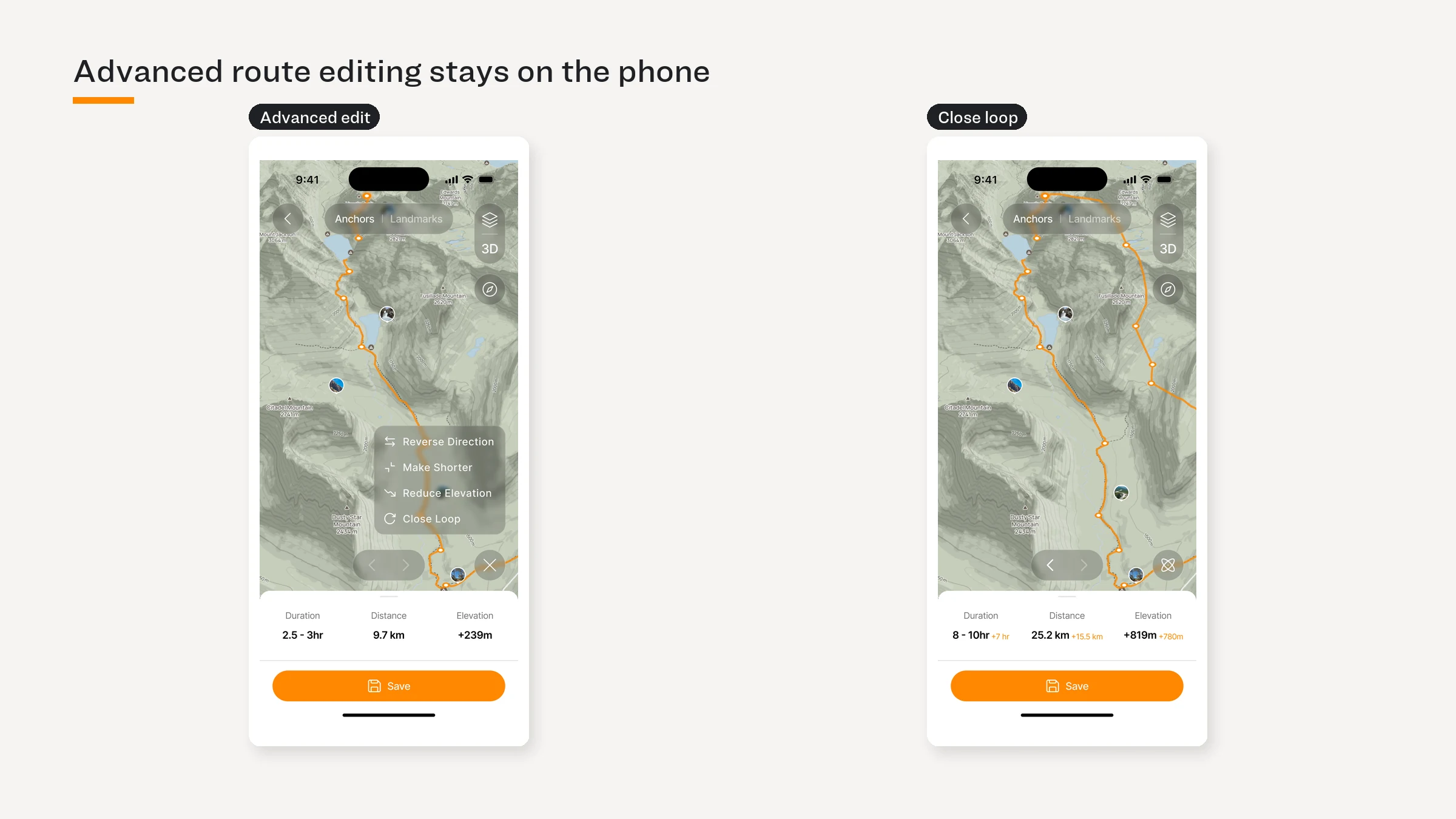Two phone screens for advanced anchor editing and closing a route loop.