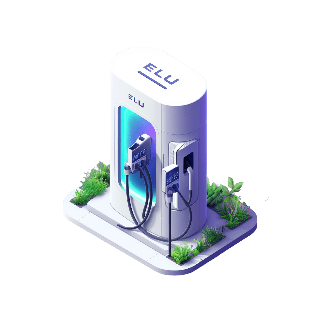 Electric vehicle charger that says ELU on it in style of white, blue, and purple.