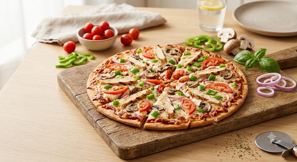 A freshly baked, healthy thin-crust pizza topped with grilled chicken, tomatoes, and vegetables, sliced and presented on a rustic wooden serving board in a bright kitchen.