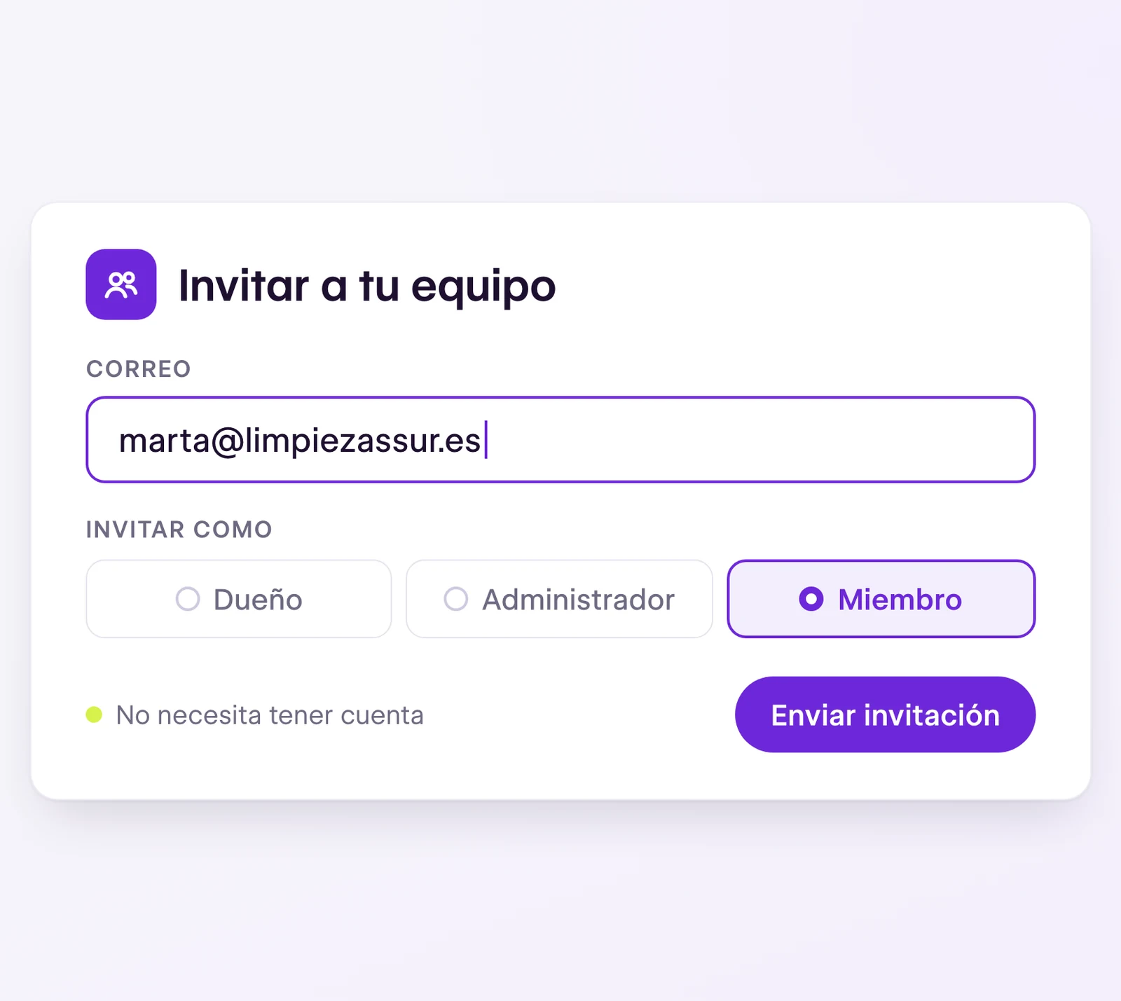 Invitación a una compañera como miembro del equipo, sin que necesite tener cuenta