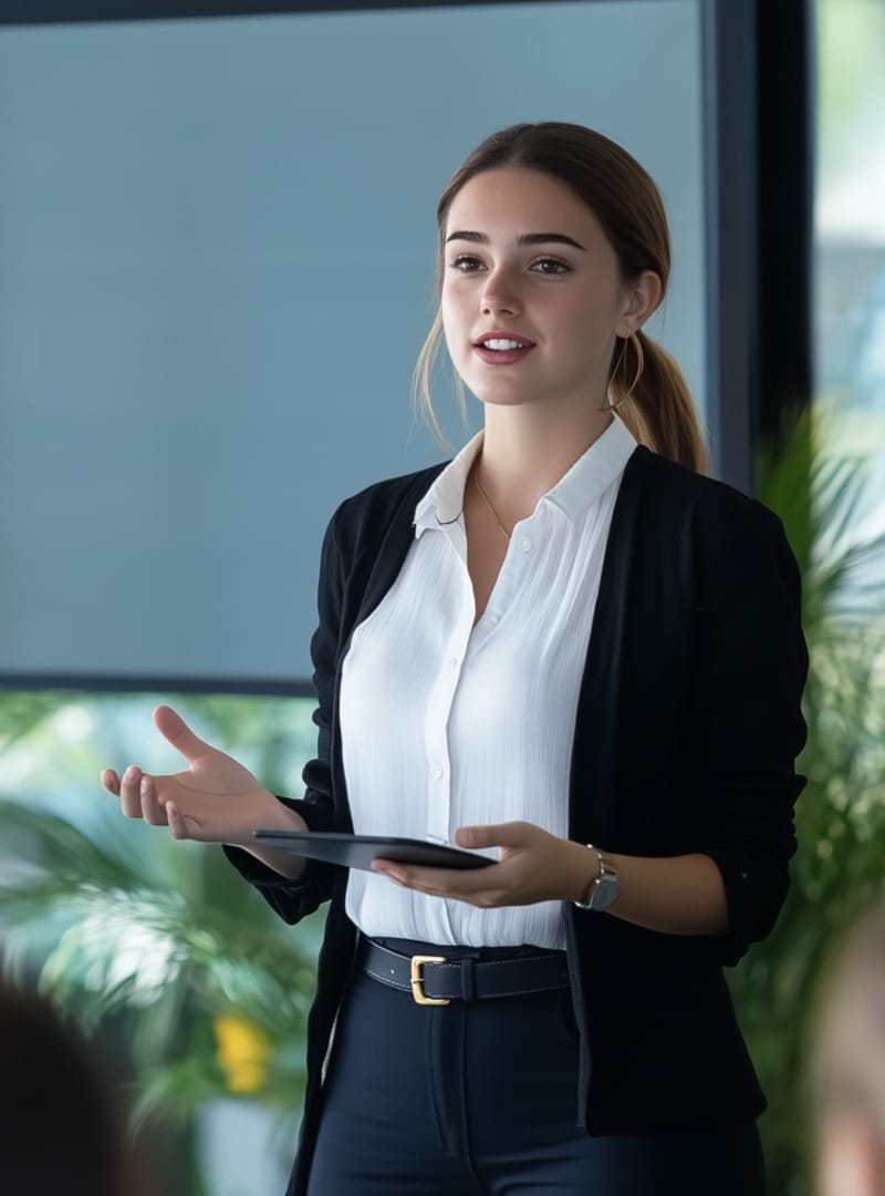 A young woman presenting in a modern office environment