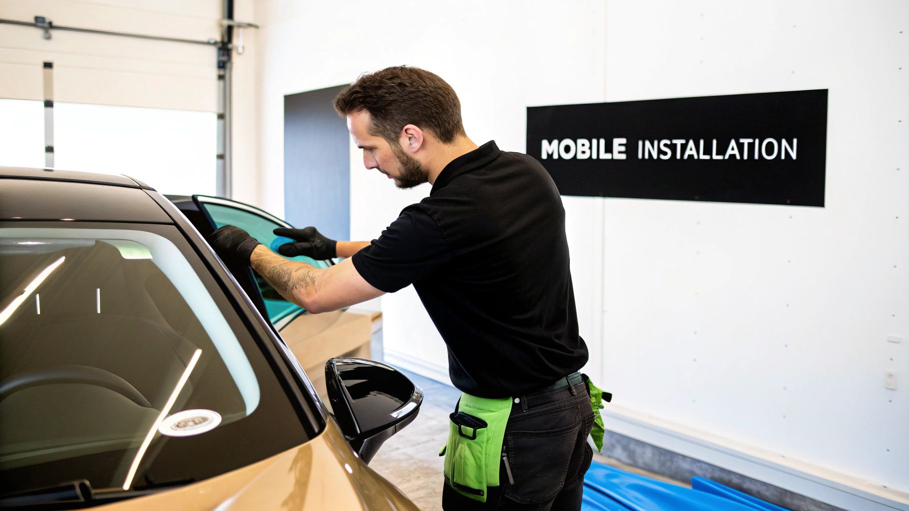 A professional man in a garage applies carbon window tint to a car's side window.