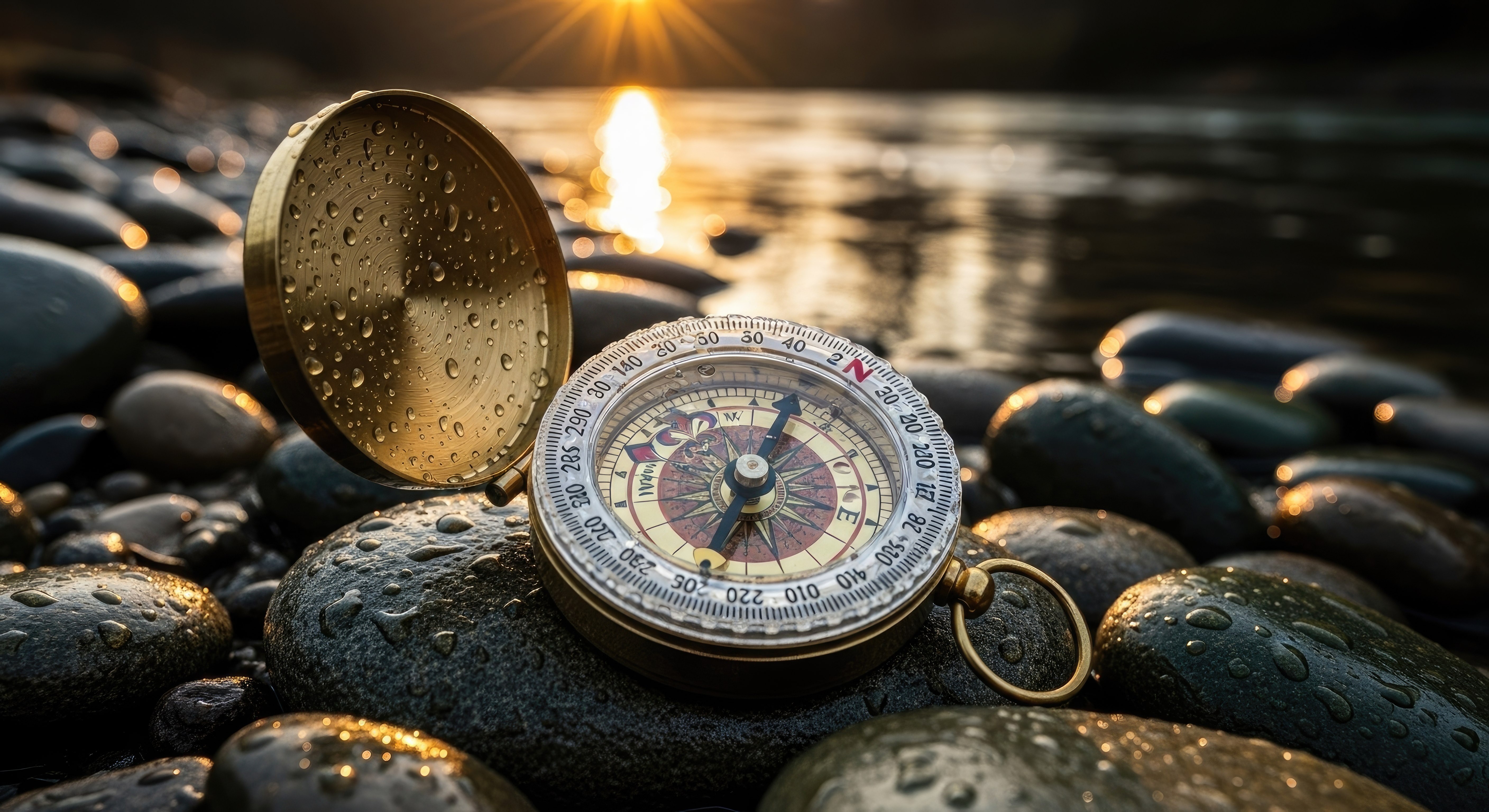 A detailed close-up of an antique brass pocket compass resting on top of old map charts, caught in warm, low-angled sunlight.