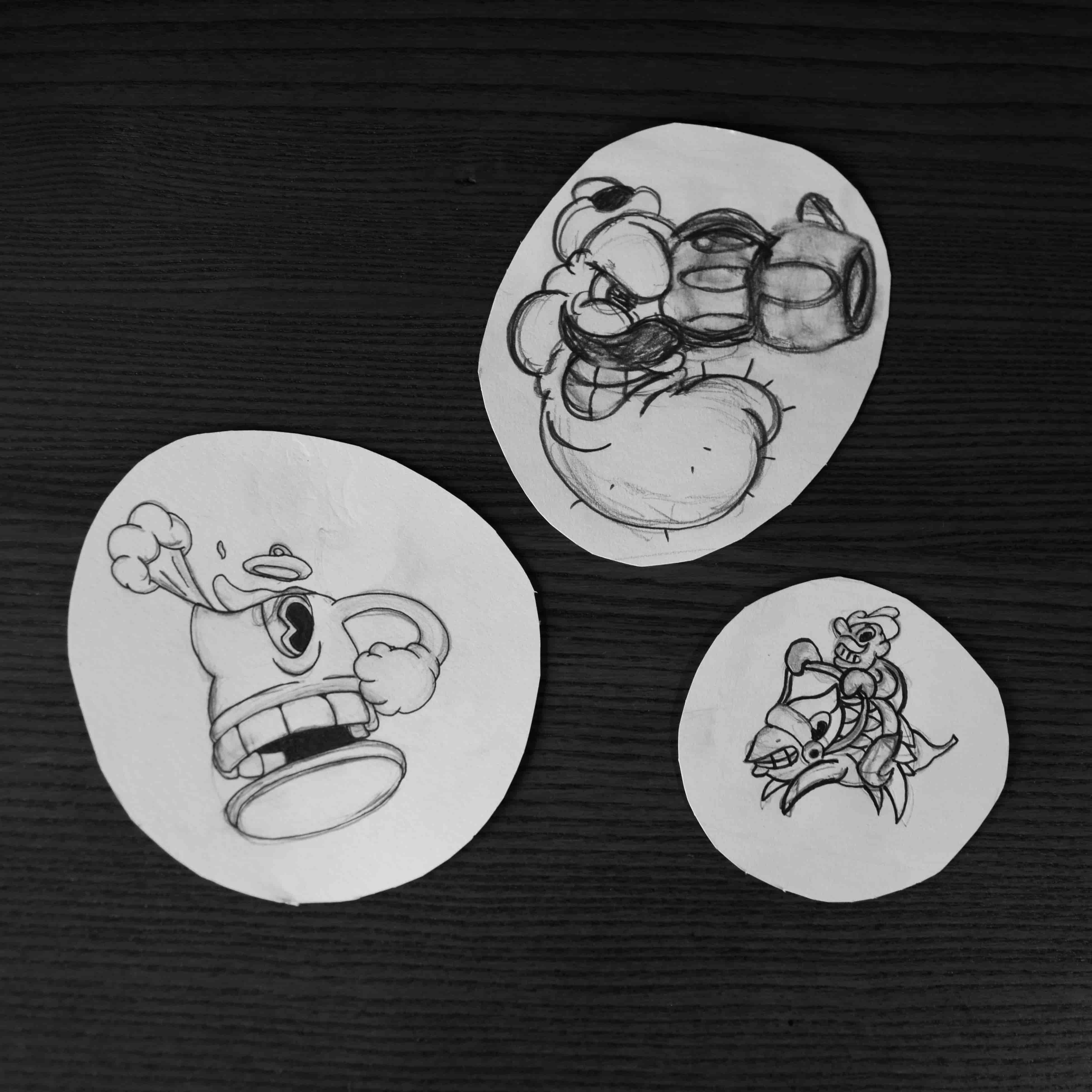 ough sketches of YeeHop mascot designs for individual beer flavours.
