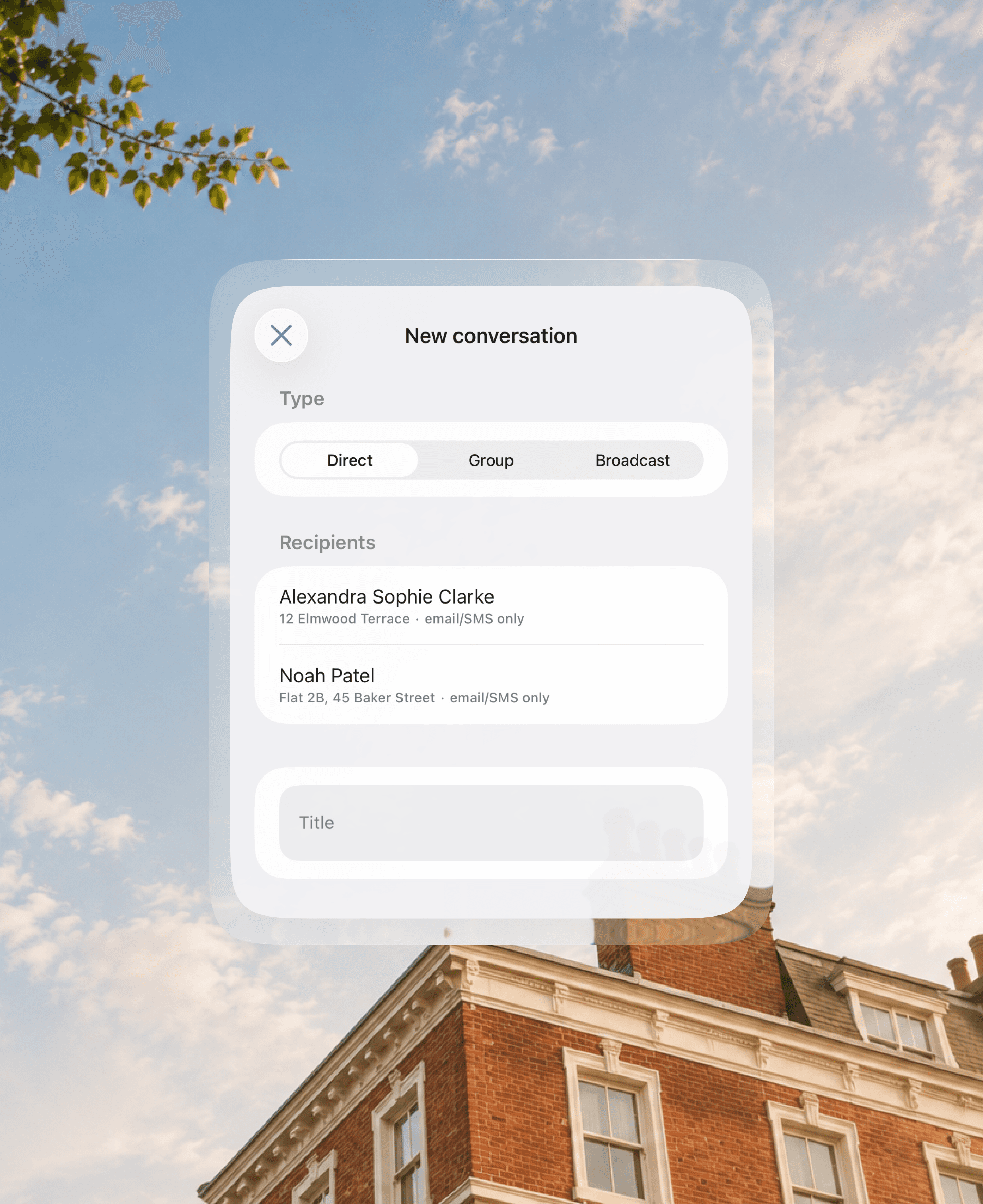 New conversation screen in August with Direct, Group, and Broadcast options for landlords
