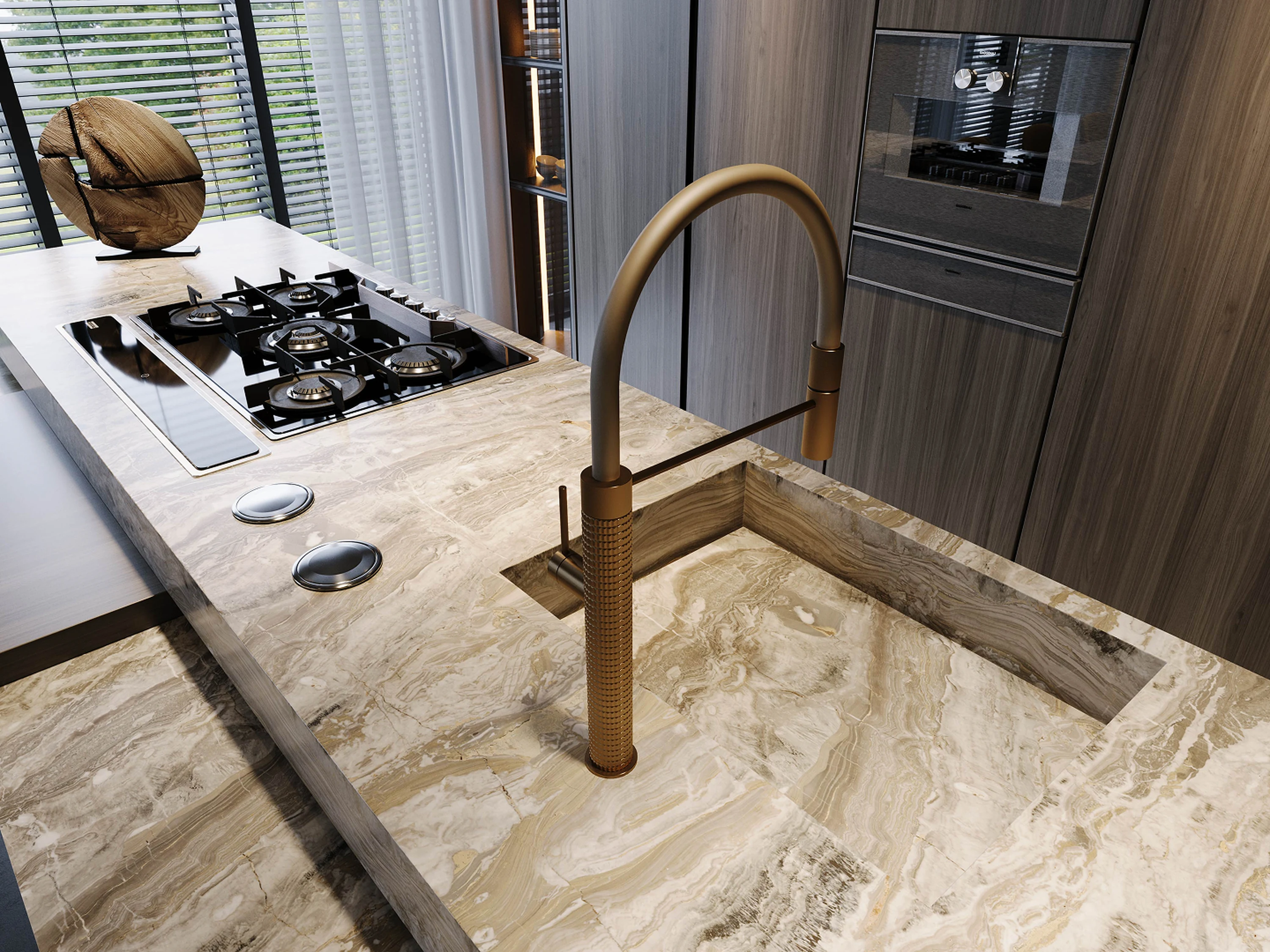 Cuisine — étagères ouvertes avec vaisselle du quotidien.