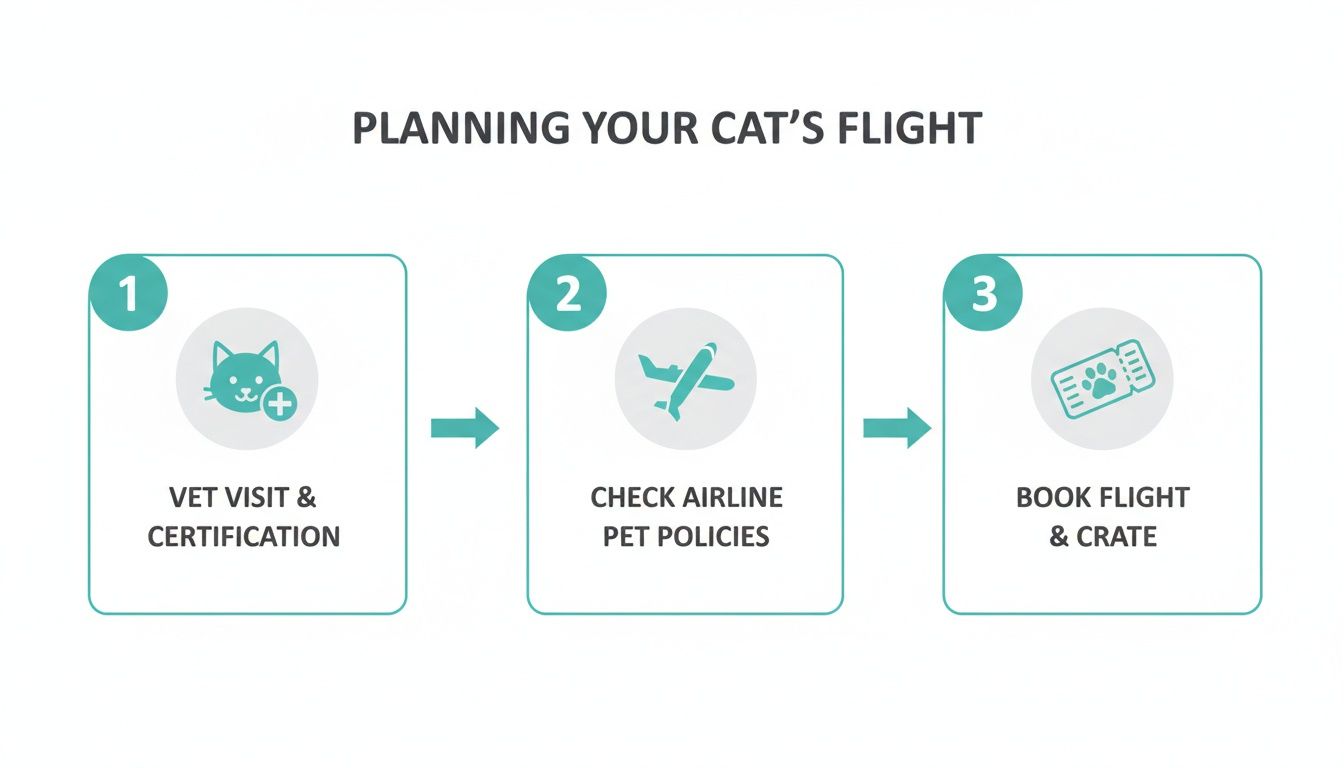 A three-step guide for planning your cat's flight, covering vet visit, airline policies, and booking.