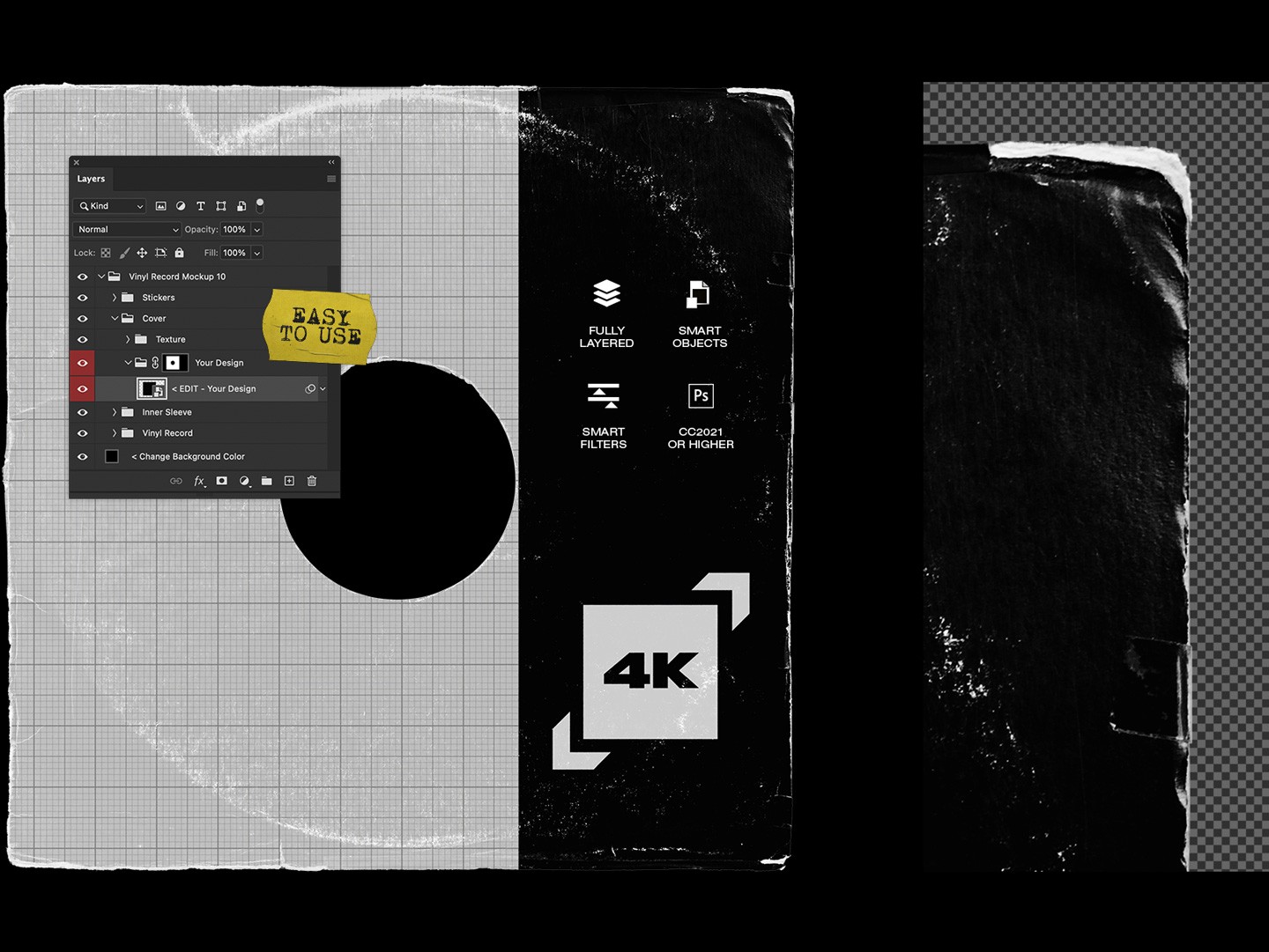 Vinyl record mockup close up showing distressed album cover texture detail