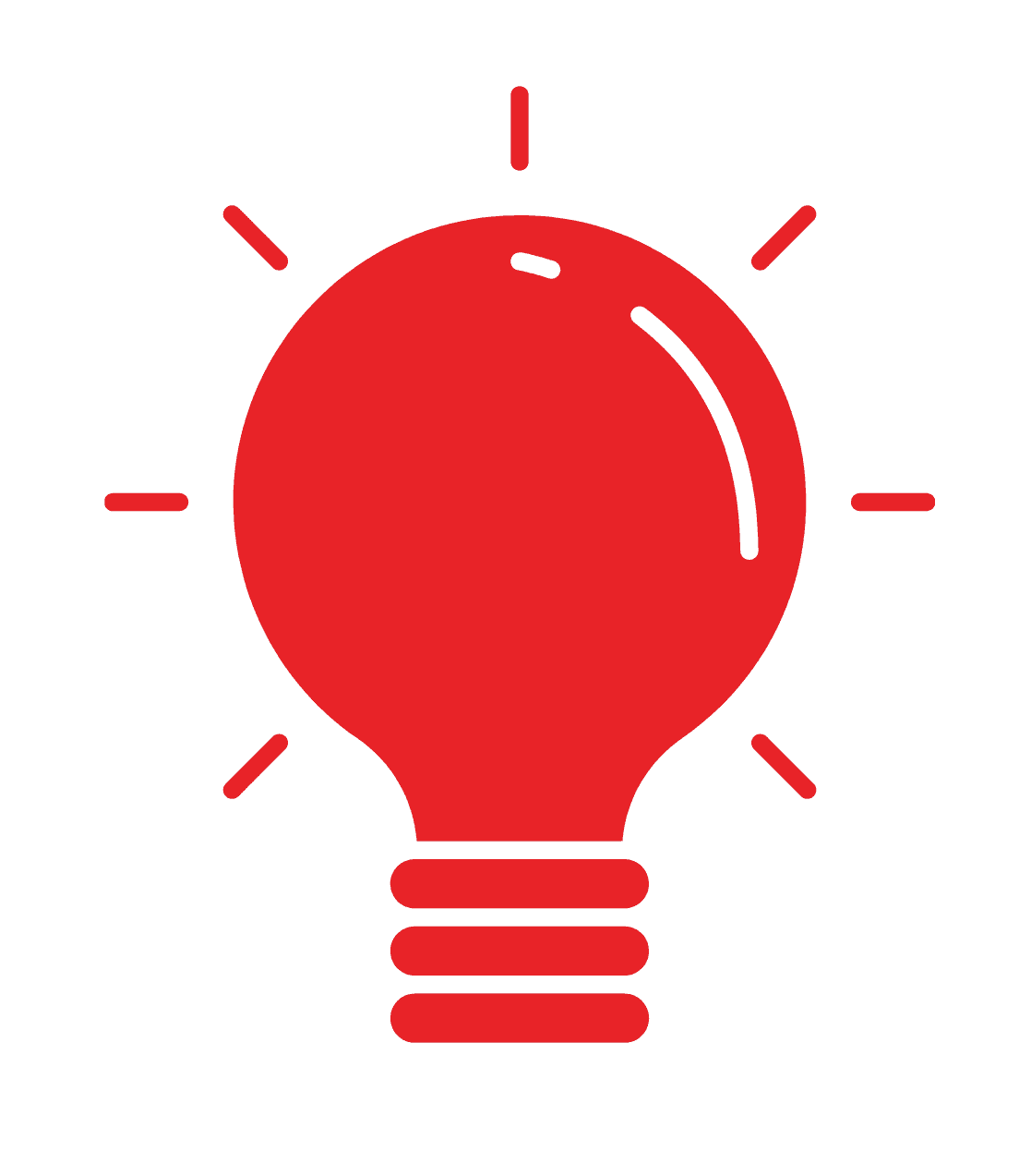 A red light bulb icon with rays emanating from the bulb, symbolizing an idea or inspiration.