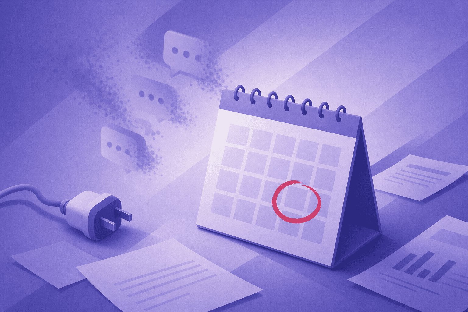 A dramatic calendar page showing a deadline date being circled in red, surrounded by scattered papers, a disconnected plug, and fading digital chat bubble icons, representing a software product sunset and discontinuation, clean modern flat design style, muted blue and grey tones with red accent, no people visible, professional business atmosphere