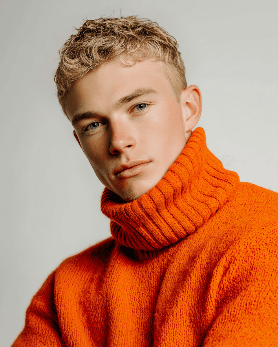 Young man with curly blonde hair wearing an orange turtleneck sweater against a neutral background.