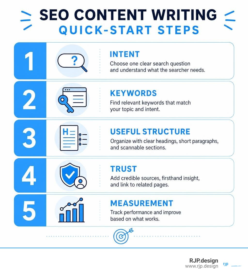 SEO content writing quick-start steps: intent, keywords, useful structure, trust, measurement infographic