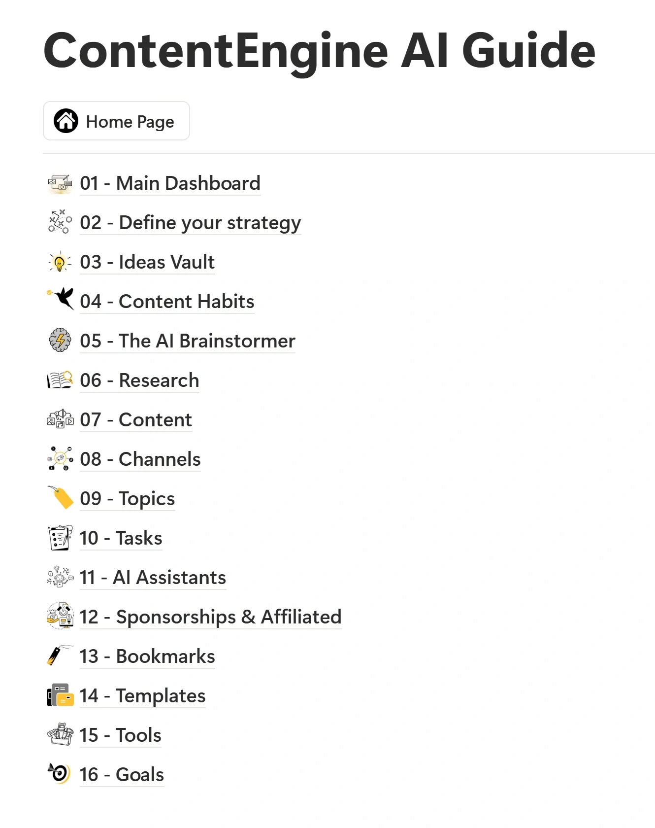 Screenshot of the ContentEngine AI user guide in Notion, showing a complete list of sections explaining how to use every part of the system
