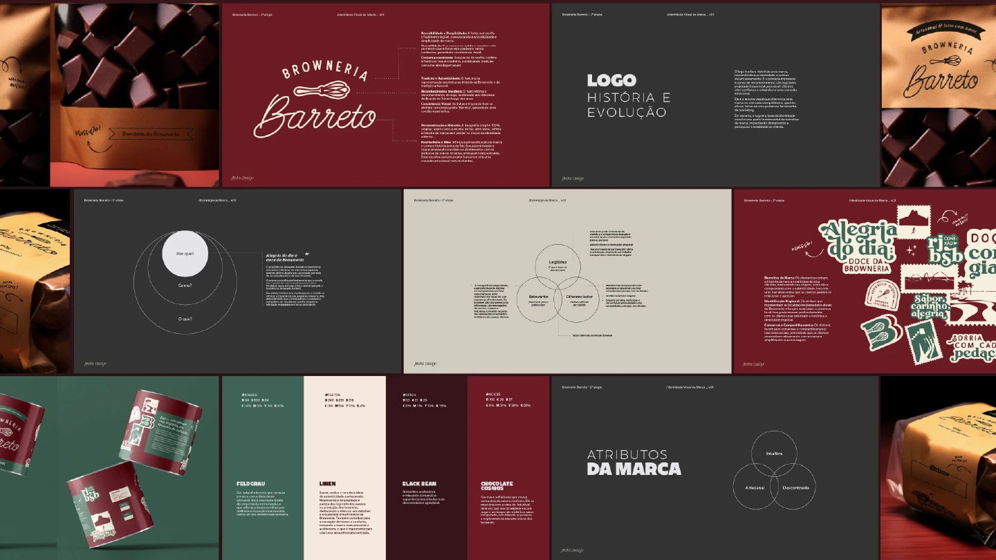 Overview of Browneria Barreto's visual identity system, displaying multiple brand guideline slides arranged in a grid — including brand principles, logo evolution, color palette, typography, and packaging mockups