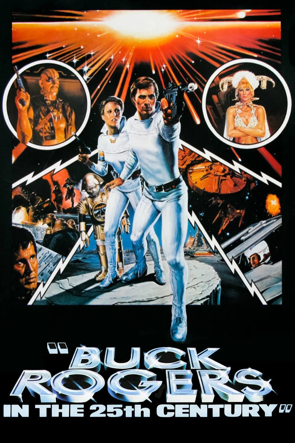 This vibrant science fiction poster features a heroic figure in futuristic white attire pointing a laser gun, surrounded by cosmic landscapes, spaceships, and two smaller vignettes of other characters, with bold text reading "Buck Rogers in the 25th Century."