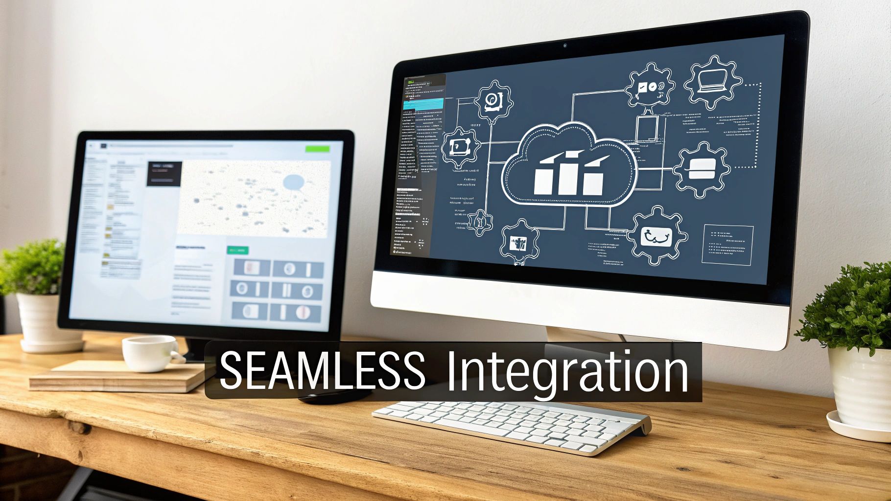 Two computer monitors on a wooden desk displaying data integration diagrams and web interfaces, with 'SEAMLESS Integration' text overlay.