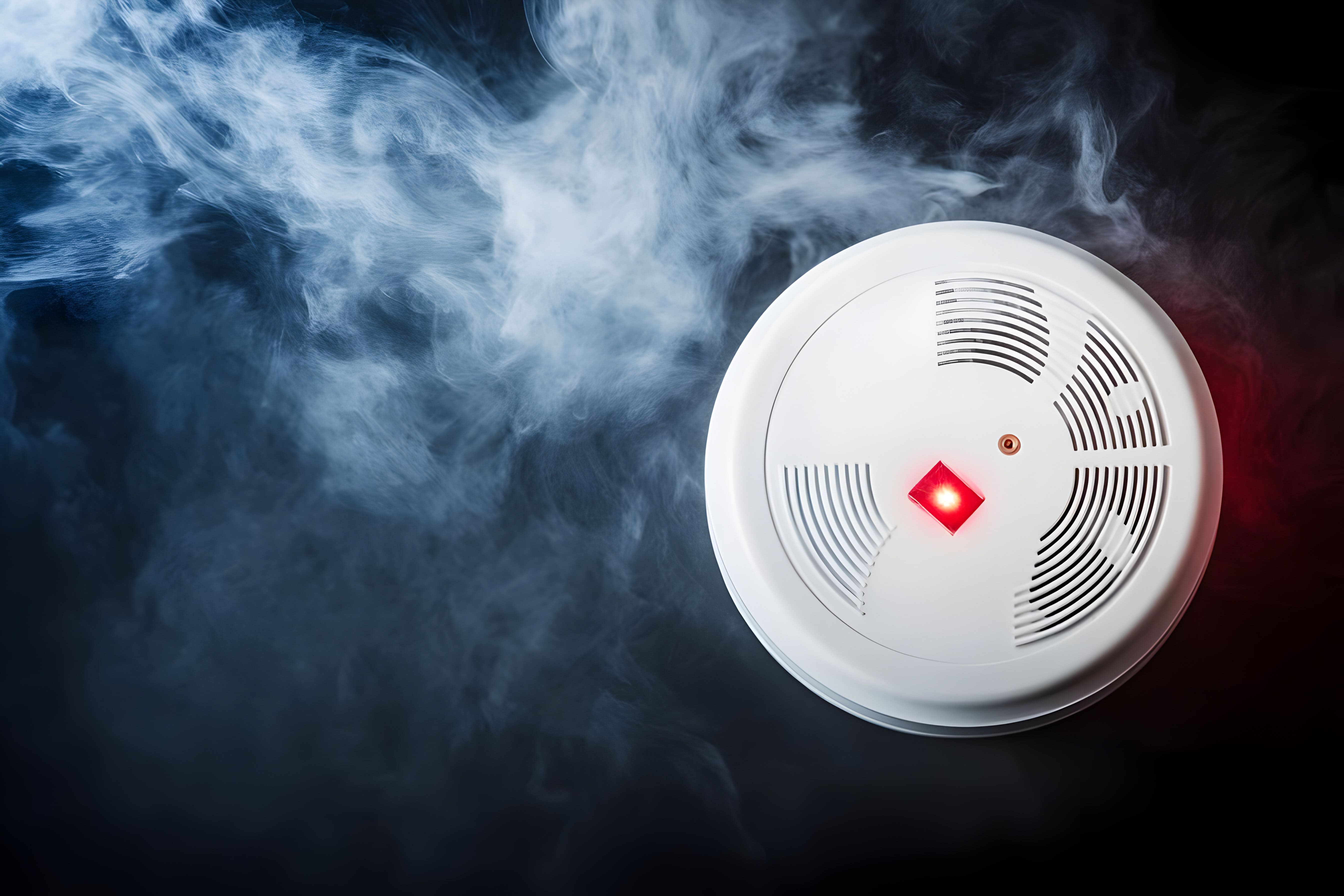 Fire alarm in smoke with red light indicator, ensuring safety and alertness in an emergency situation.