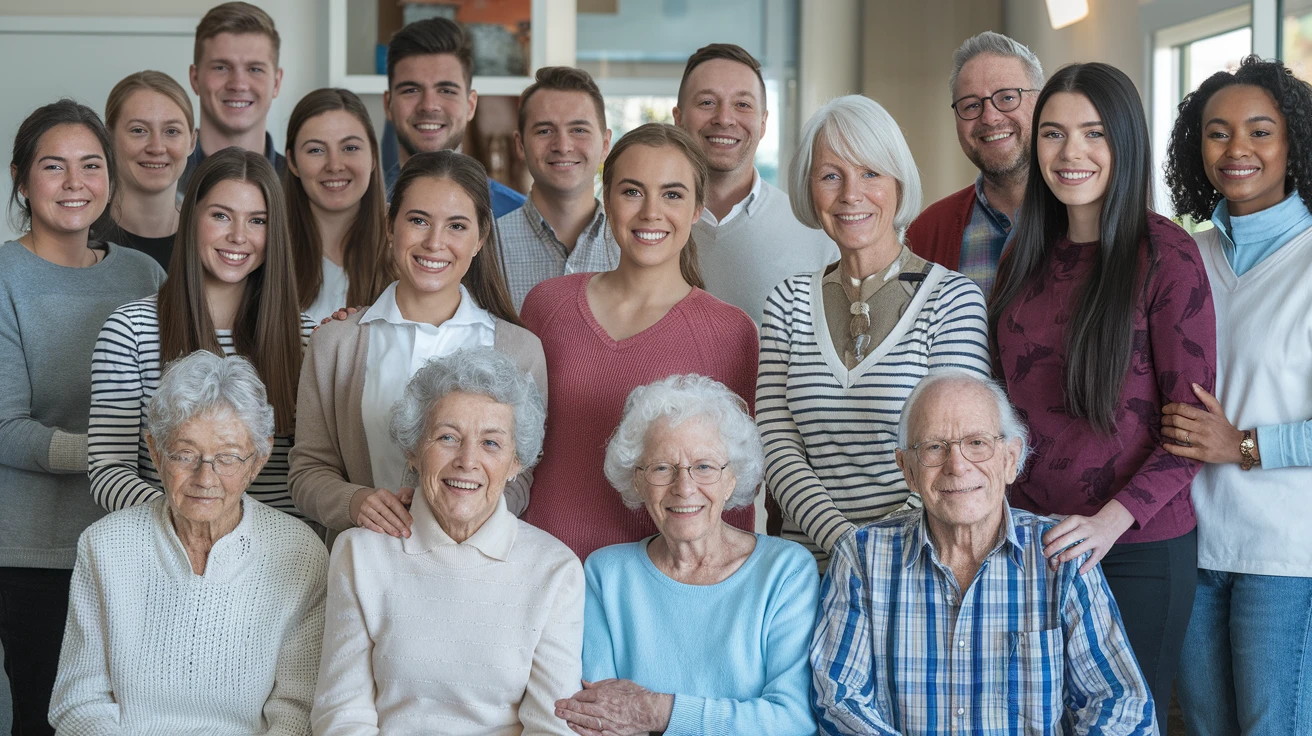 foto di gruppo tra giovani caregivers e un gruppo di anziani