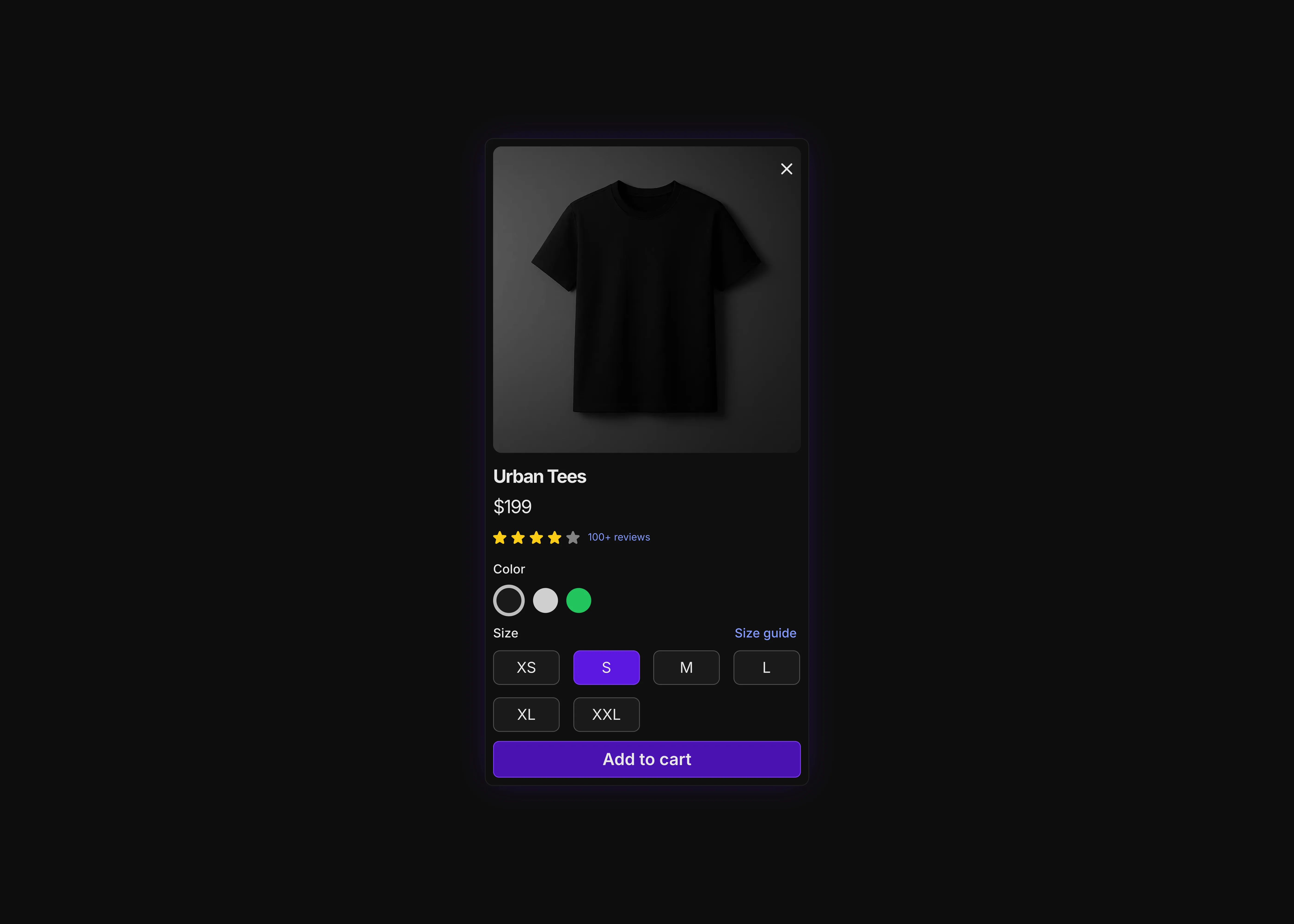 A product quick view pop up UI in dark theme for mobile devices