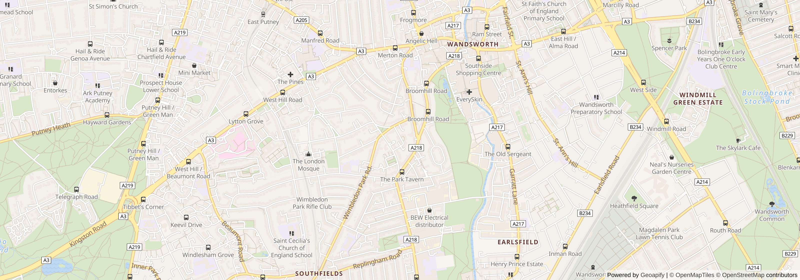 Street map of Wandsworth, Wandsworth, London showing local roads and surrounding areas