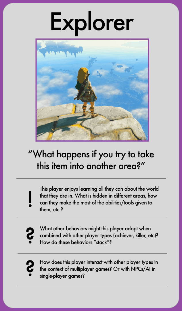 A "explorer" card with details on this player type.