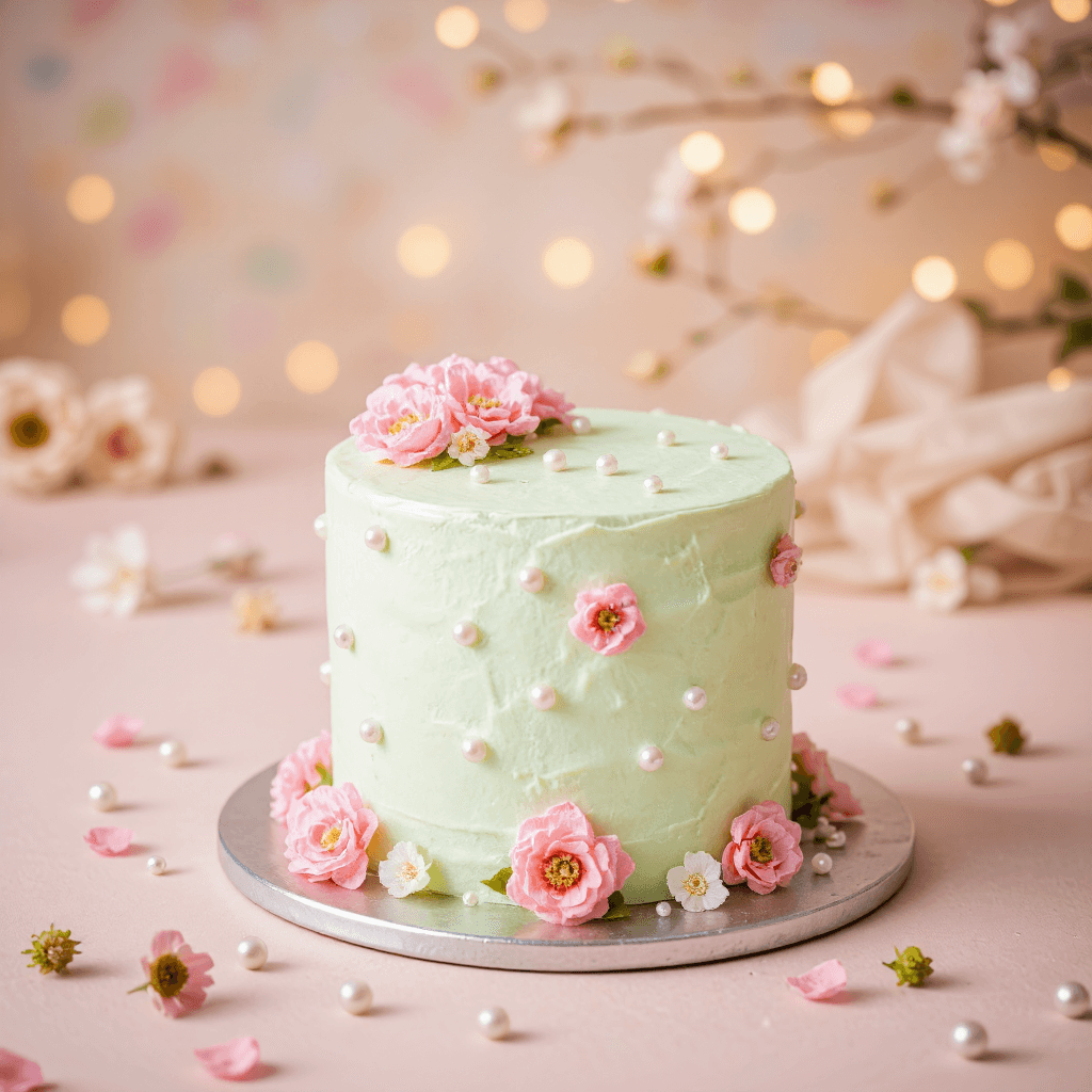 product photography of a round cake decorated with flowers