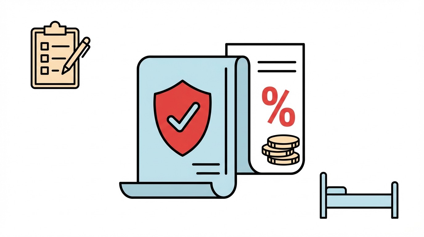 Illustration mit einem Dokument, das ein rotes Schild mit Häkchen zeigt, daneben ein Papier mit Prozentzeichen und Münzen sowie ein Bett und ein Klemmbrett mit Stift.