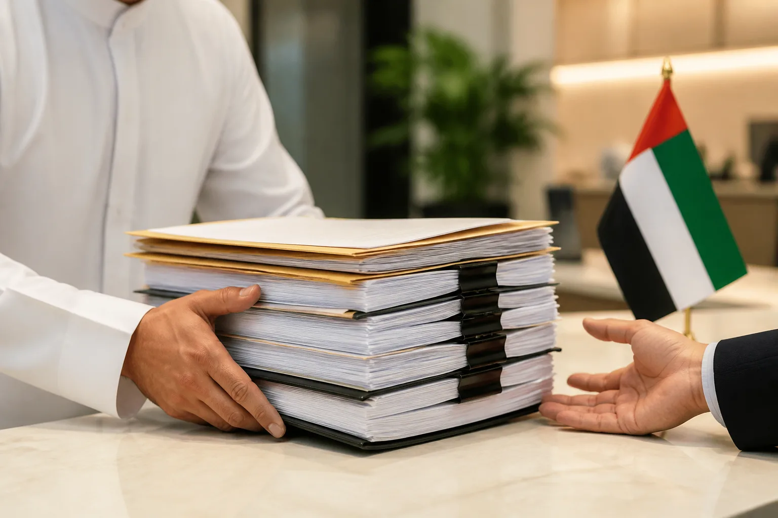 Documents UAE Banks Require From a New Company beside a corporate bank card, payment terminal