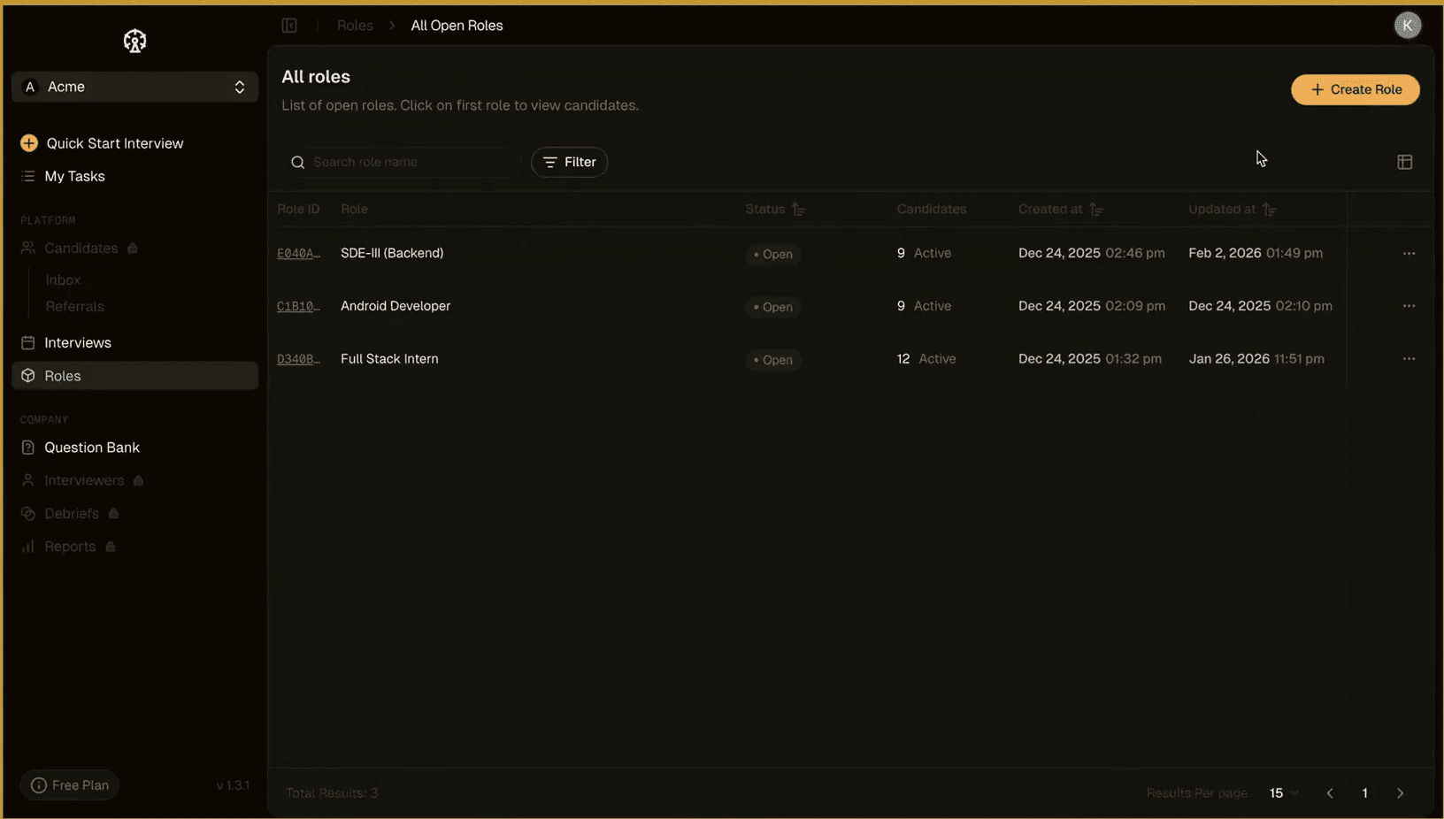 All roles dashboard with role list