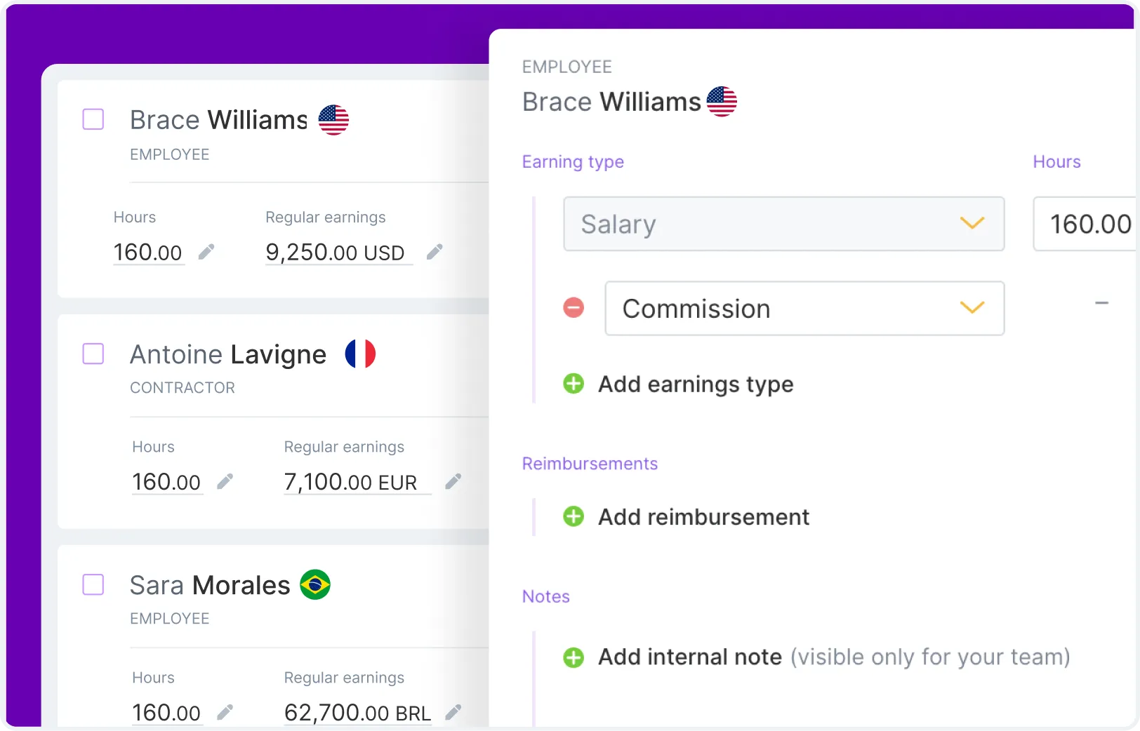 Screenshot of payroll screen for US employee Brace Williams