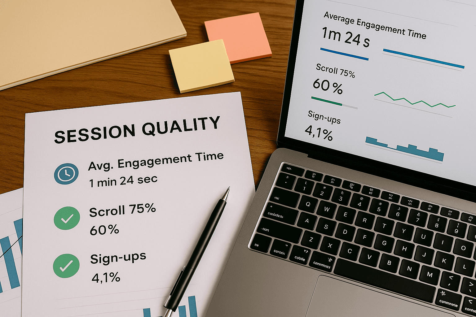 Session quality report and laptop screen displaying engagement metrics